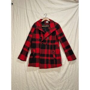 Event‎ Womens Red Black Buffalo Plaid Pea Coat Jacket Large With Belt #2145